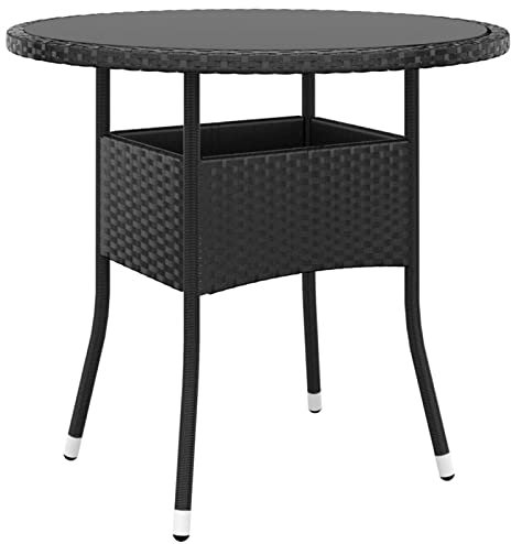 XIAOGUANG Gartentisch, Gartentisch, Terrassentisch, Esstisch Garten, Gartenesstische, Gartenmöbel, Außentisch, Ø80x75 cm Hartglas und Poly Rattan Schwarz