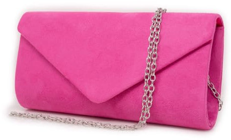 Emila Pochette fucsia scamosciata donna elegante da cerimonia borsa piccola tipo camoscio clutch borsetta a mano con tracolla catena sera matrimonio comunioni battesimi Fuxia
