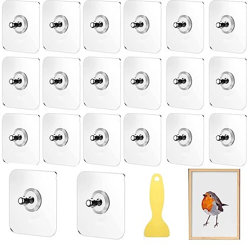 20Pcs Adhesive Picture Hooks, Transparent Self Adhesive Sticky Hooks for Hanging Pictures, Self-Adhesive Hooks No Nails Heavy Duty Picture Hangers for Pictures Frames Wall Art Decor