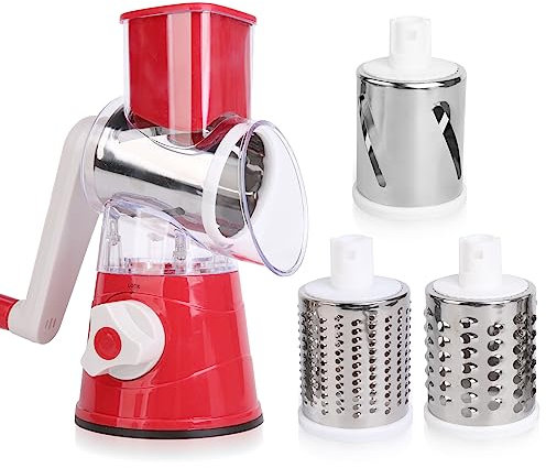 Iceten 3 in 1 Rotary Cheese Grater and Vegetable Slicer with 3 Stainless Steel Rotating Blades, Multifunctional Manual Cutter/Shredder-Strong Suction Base (Red)