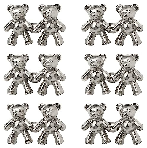 6 Paar Jeans Knöpfe Ohne Nähen Süßer Bär Knopfnadeln für Lockere Jeans,Metallknopfspanner Taillenknopf ohne Nähte Verstellbar Taillenschnallen für Jeansbund (Silber)