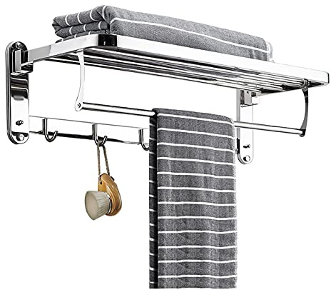 HASMI Etagere Salle De Bain 23,4 Pouces Murale Pliable Double Porte-Serviettes 304 en Acier Inoxydable Poli 5 Crochets Tablette de Serviette Facile à Installer Support Douche