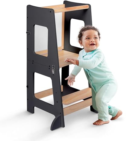 kidoola Toddler Learning Tower & Mini Desk (up to 12 Years), Safe & Creative for Kids, Steps Stool with Secure Safety Bars & Adjustable Height, Black & Whiteboard, Easy to Build