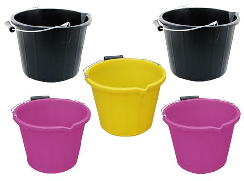 [Set of 5]-14L Litre Strong Plastic Builders Bucket, 3 Gallon Multipurpose Storage Bucket With Metal Handle & Spout, For Cleaning Construction Home & Garden (2 x Black 2 x Pink 1 x Yellow)
