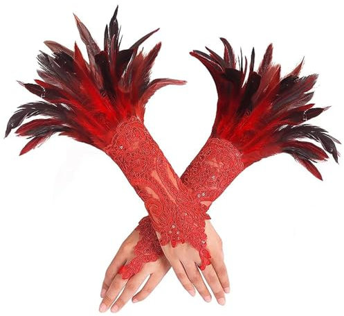 LJRPUPY Gothic Fingerlose Feder Handschuhe für Frauen Halloween Kostüm Lange Spitze Handschuhe Handgelenk Manschetten Ärmel, Rot2, EinheitsgröÃŸe