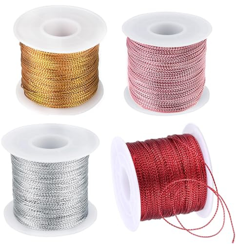 ieron 4 pezzi di spago dorato, fascette intrecciate con filo metallico dorato con bobina, cordino per gioielli, filo artigianale fai-da-te e cordino da imballaggio (Oro/Argento/Rosso/Oro rosa)
