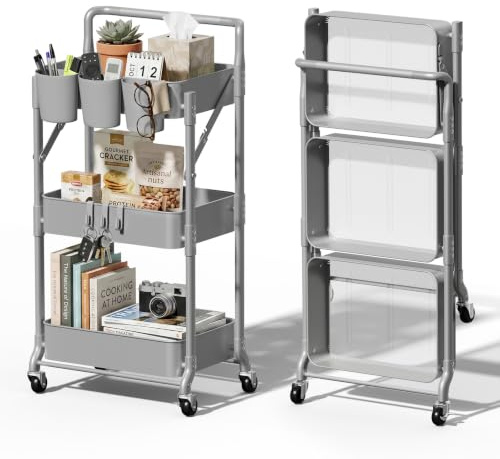 Shrivee Carrello da cucina a 3 livelli, carrello da servizio, pieghevole, in metallo, scaffale, organizer da cucina, carrello pieghevole multiuso per cucina, bagno, ufficio (grigio)