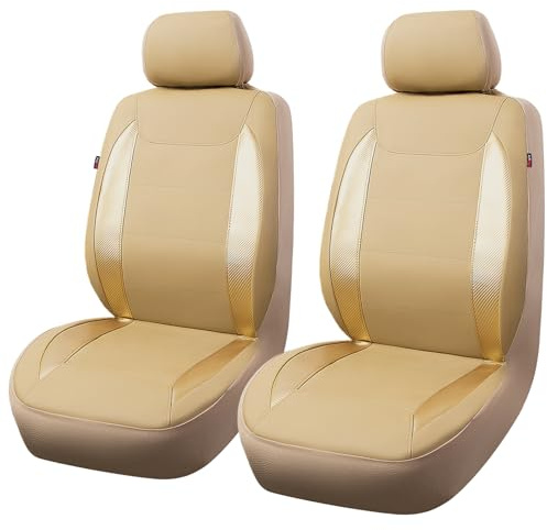 Flying Banner Universal Carbon Fibre Leather Car Seat Covers Airbag Compatible Seat Protector (Front Pair, All Beige)
