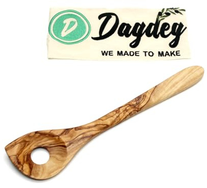 DAGDEG Cucchiaio per risotto in legno d'ulivo, cucchiaio da cucina con foro, cucchiaio in legno con foro, paletta in legno, posate da cucina in legno, circa 30 cm