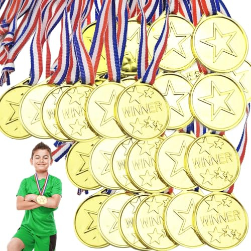 Vaileal 50 Stücke Gewinner Medaillen, Kunststoff Medaillen Gold Kinder,Kinder Sieger Medallien, Goldmedaille für Kinder, Medaillen Kinder für Sportstag, Mini-Olympiade, Kindergeburtstag Party
