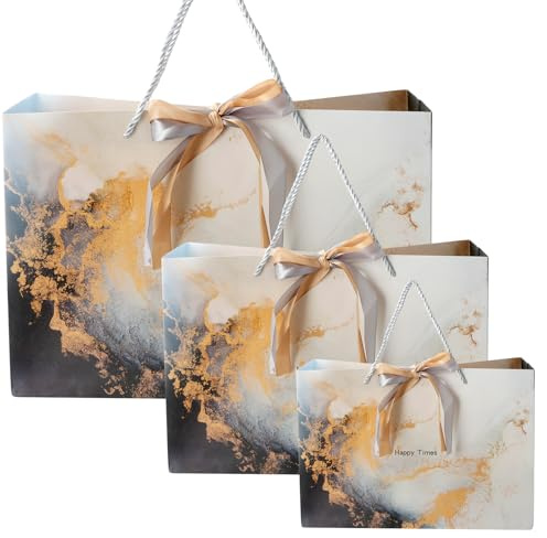 3 Stück Marmor Design Geschenktüten, Geschenktüten mit Griffen, Geschenktüten mit Schleifenband, Vielseitige Papier Geschenktüten in verschiedenen Größen für Geburtstage und viele Anlässe (Weiß)