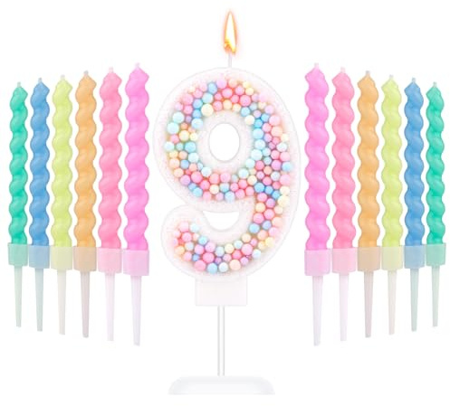 Macaron Zahlen-Geburtstagskerzen, Süß Zahlenkerzen mit 12 Regenbogen-Spiralkerzen Bonbonfarbe Tortenaufsatzkerze für Jahrestage Geburtstagsfeiern Hochzeiten Jungen Mädchen (9)