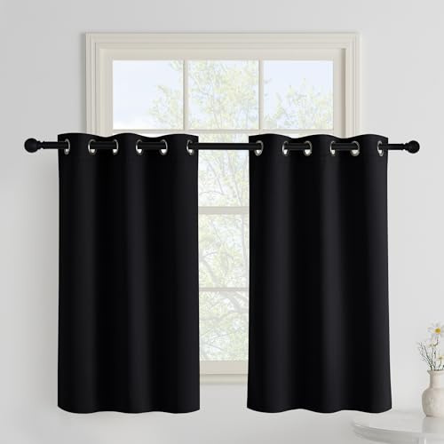 PONY DANCE Schwarze Vorhänge Kurz Blickdichte Gardinen mit Ösen | 2er Set, H100 x B90 cm, Lichtundurchlässig, Thermovorhang gegen Hitze, Scheibengardinen, für Schlafzimmer, Blackout