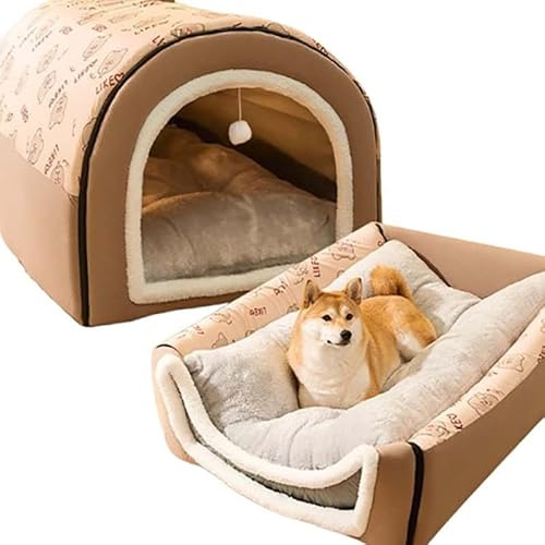 2024 Hundebett, große Haustierhöhle, 2-in-1-Hundehaus, Katzen-Iglu, Haustier-Komfortmatte, gemütlicher Schlafsack für Hunde, warmes Welpennest mit abnehmbarem Kissen, Braun, XXL