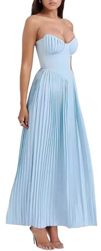 TACSTRUN Sexy Corsetto Plissé Elegante Tubo Top Bustier Midi Abito Flowy Hem Low Cut Abiti da Ballo delle Donne,Blu,M