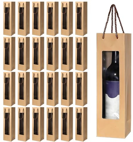 YUNXCNA Kraftpapperspåse, vinflaskpåse, flaskväskor, presentpåsar med handtag, stark vinorganisatör, presentpåsar för bröllop, fest, Brun-24 st, Enkel
