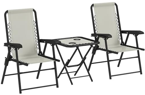 Outsunny Conjunto de Mesa y Sillas de Terraza Exterior de 3 Piezas Muebles de Jardín Exterior Plegables con Estructura de Acero y Portavasos para Patio Crema