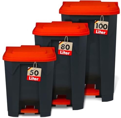 Floordirekt Waste Bin 80 Litres, Red Lid, Waste Basket for Kitchen and Office, Waste Separation System, Pedal Bin with Step-On Mechanism, Paper Basket, Trash Can Olaf