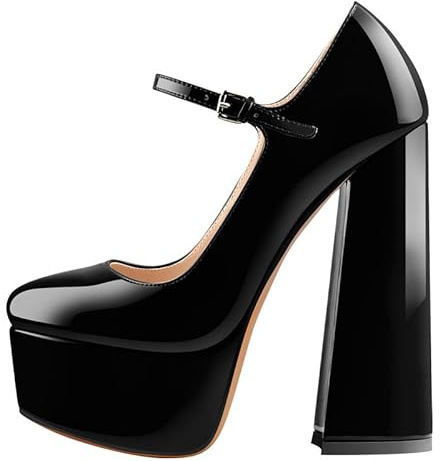 blingqueen Damen Mary Jane Pumps mit Blockabsatz Runde Zehen Damenschuhe High Heels Plateau Lack Schwarz 45 EU