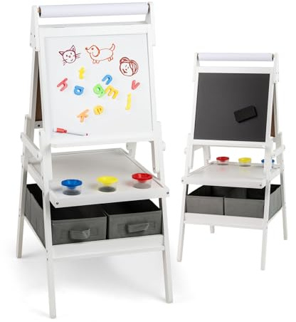 DREAMADE 3 in 1 Kinder Staffelei, doppelseitige Staffelei mit magnetischem Whiteboard, Kreidetafel, Papierrolle, 4 Farbbechern & 2 Stoffboxen, Kunststaffelei für Kinder ab 3 Jahre (Weiß)