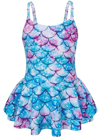 AmzBarley Mermaid Swimming Costume Girls One Piece Swimsuit Little Kids Fish Scale Swimwear Skirt Children Swim Wear Bathing Suit Beachwear Blue Age 7-8 Years 130