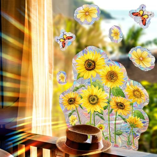 GORGECRAFT 2 Hoja de Pegatinas Anticolisión para Ventana con Diseño de Mariposas Y Girasoles Atrapasol Arcoíris Pájaros Vinilo Prismático No Adhesivo para Ventanas de Verano Prevenir Colisiones