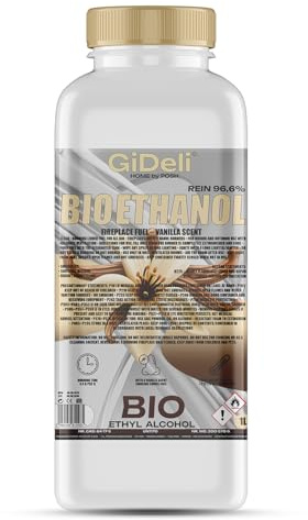 GiDeli bioetanolo 1L profumo di vaniglia 96,6% etanolo per caminetti interni ed esterni senza fumo e fuliggine - da mais e barbabietole da zucchero