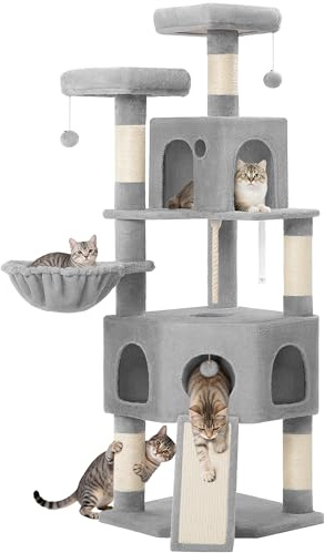 Hzuaneri Grand Arbre à Chat Hauteur 174 cm, XL, avec 4 Griffoir, Gris Clair | 2 Plateformes, 2 Niches, 1 Griffoir pour Chat, Corde en Sisal, Pompons, Robustesse pour Familles Multi-Chats, MS17418LG