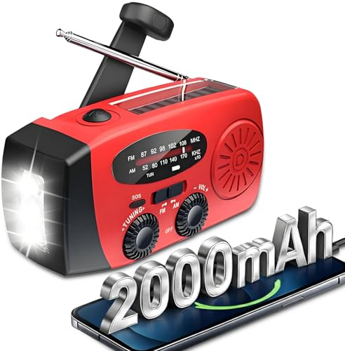 ZDAGELD Radio Solar de Emergencia con Manivela 2000mAh, Radio de Portátil con Alarma SOS, Clima Am/FM y Antorcha, para Cortes de Energía Camping Senderismo (Roja)