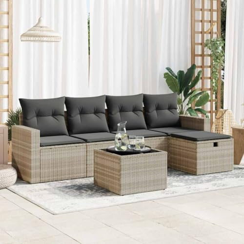 QJBSAVVA 6-Teiliges Balkonmöbel-Set Poly-Rattan Sofa Gruppe Hellgrau 55x55 cm Sitzfläche mit Stauraum & Tisch für Garten Terrasse Kleiner Balkon