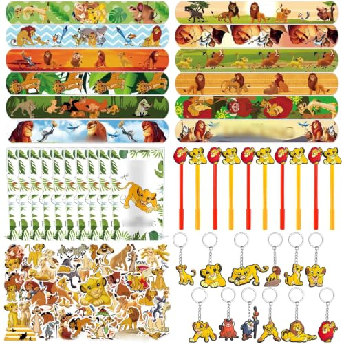 Party Mitgebsel Kindergeburtstag König- Löwen Spielzeug Set mit Aufkleber Schlüsselanhänger Geschenktüten Schnapparmband Gel Stift Stiftclip Mitbringsel Geschenk Kinder Party Zubehör Geburtstag Deko