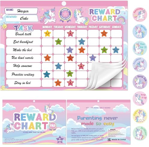Magnetic Reward Chart For Kids, 32 Perforated Chore Charts, Unicorn