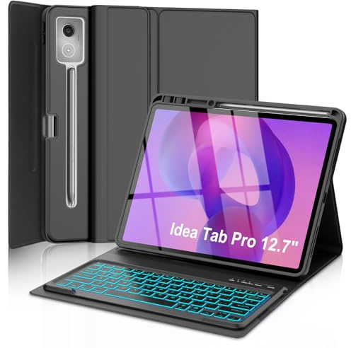 Qivxinnie Funda Teclado para Lenovo Idea Tab Pro Tablet 12,7 Pulgadas 2025 | QWERTY Español Ñ, Magnético Desmontable Bluetooth Teclado, Retroiluminado de 7 Colores, Funda con Portalápices(Negro)