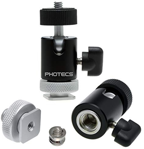 'Photecs® Mini trípode cabeza Pro Rótula (Tripod Mini Ball Head), acero, F. 3/8 y 1/4, incluye flash adaptador de zapata y adaptador de rosca (Set, 3 piezas), Montado en girar 360 °