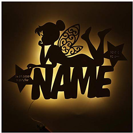 Schlummerlicht24 Nachtlicht Engel Fee Lampe, Geschenke mit Namen und Geburts-Daten, ideal zur Taufe Geburt oder Kommunion für das Kinderzimmer, für Mädchen und Jungen
