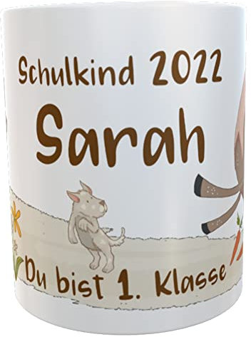 Kilala Namenstasse Pferd & Hund braun Schulkind 2022, personalisierte Kindertasse mit Namen, Geschenk für Zuckertüte, Mädchen Becher