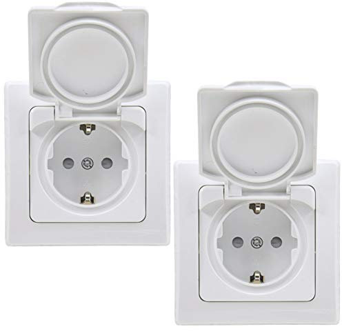 ChiliTec Steckdose IP44 mit Klapp-Deckel Delphi inkl. Rahmen 230V 2x Unterputz Schutzkontakt-Steckdose Für Feuchträume und Aussenbereich Weiß