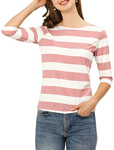 Allegra K Women's Elbow Sleeves Top Casual Boat Neck Slim Fit Stripe T-Shirt Pink White 16
