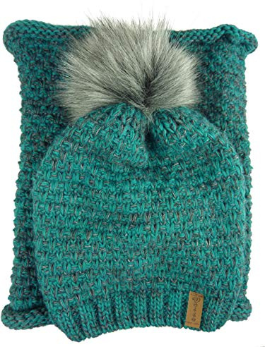 bags & more 2 teiliges Damen Winterset I Schal Mütze I kuschelweiches Set I Longbeanie & Loopschal I großer Bommel Pompon (blau petrol)