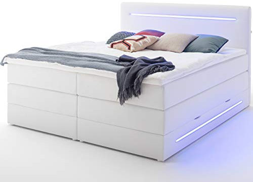 wonello Boxspringbett 180x200 mit Bettkasten und LED Beleuchtung - gemütliches Bett mit led Beleuchtung - Stauraumbett 180 x 200 cm weiß mit Matratze und Topper