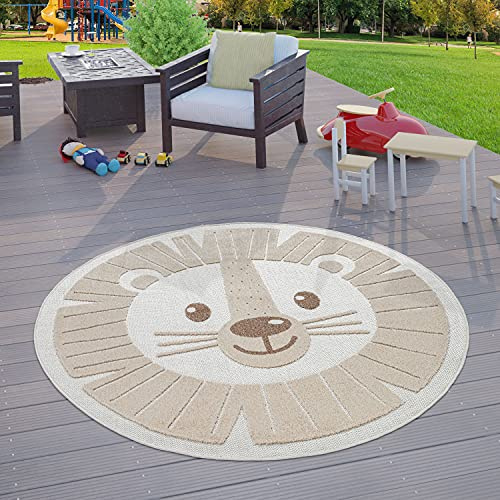 TT Home Kinderzimmer Outdoor Teppich Kinder Rund Spielteppich 3D Optik Löwe Beige, Größe:200 cm Rund