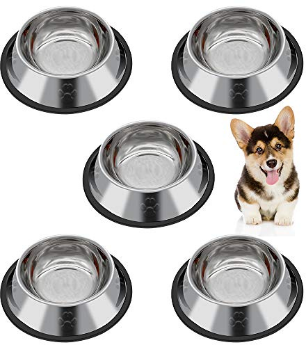 Iyowei 5Pcs Comedero Perros Pequeños y Gatos de Acero Inoxidable con Base de Silicona Antideslizante, Plato Perro Pequeño Cuencos Comedero para Mascotas para Comida y Agua (15.6 * 3.5cm)