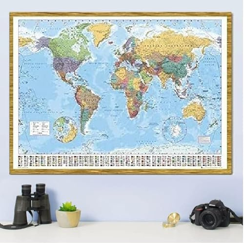 Hyper Mart World Map Poster With Country Flags Oak Framed - 96.5 x 66 cms (Approx 38 x 26 inches)
