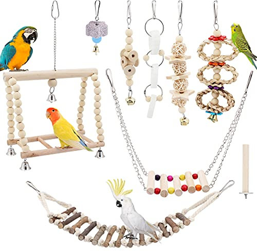 Seahelms Papageienspielzeug, Spielzeug für Nymphensittiche, Vögel, Kauen, Naturholz, Hängematte, Glocke, Vogelkäfig, Schaukel für Nymphensittiche, Finken, kleine Sittiche und Aras, 8 Stück