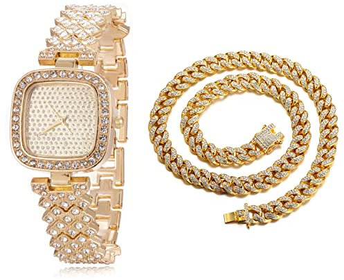 Halukakah Diamanten Gold Uhr, Damen 18K Echtes Gold Plattiert 30MM Breite Quadratisches Zifferblatt Quarz Armband 19cm mit Kubanischer Kette 40cm Necklace,Kostenlose Geschenkbox