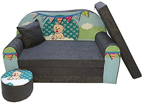 FORTISLINE - Kindersofa ausklappbar 96x57x48 cm - Kindersofa für Kinder 2in1 - Kindercouch ausklappbar - 2-Sitzer - Schlafcouch aus Schaumstoff + Hocker + Kissen - Viele Motive