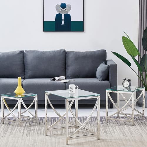 AINPECCA Nest of 3 Coffee Table Modern Sofa Side End Table Tempered glass with Stainless Steel Legs Nesting Tables for Living Room (Transparent Glass Type1)