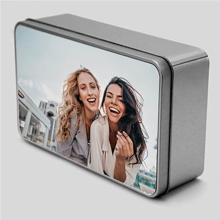 GIFART Scatola Box Porta Oggetti in Latta Alluminio Personalizzabile con Foto, Frase, Logo Forma Rettangolo, Cuore, Tondo, Valigetta (19,5x12,5x5)