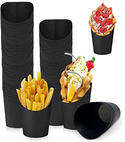DURANTEY 50 Pezzi Tazze di Carta Kraft Holder Porta Patatine Fritte da Asporto Coppa Patatine Fritte Contenitori Popcorn Nero per Feste da Asporto Torte Cialde Patatine Fritte Snack, 11,8 * 8,3 * 6CM
