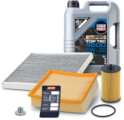 BESTPRICE Inspektionspaket Filterset mit 1x Ölfilter; 1x Luftfilter; 1x Innenraumfilter (Aktivkohle); 1x Ölablassschraube mit Dichtring; 1x Motoröl 5W-30 LIQUI MOLY Top Tec 4600 5 l; 1x Ölwechselanhän